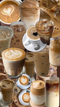 there are many different types of coffees on the table and one is in front of them