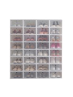 a large clear drawer with many pairs of shoes in it on top of a white background