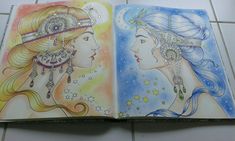 an open book with two pictures of women in different colors and designs on the pages