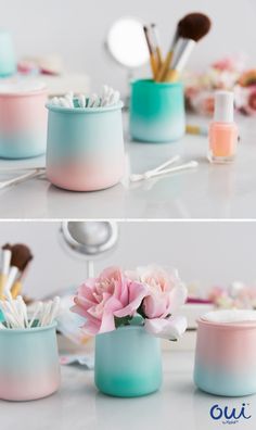 three different shots of makeup brushes and flowers in containers on a table with other items