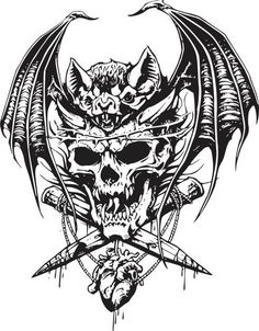 a drawing of a skull with two bats on it's head and an arrow in the