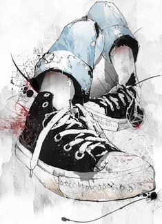 a painting of someone's shoes with their feet on the ground and blood splatters all over them