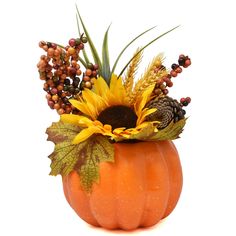 PRICES MAY VARY. Thanksgiving Artificial Pumpkin Plant is an adorable addition to your harvest decorations. Includes 1 centerpiece with green maple leaves, yellow sunflower, wheat stalks, pine cone, orange green and red berries, and green grass. They are placed in an orange pumpkin base that sits nicely! Our Artificial Floral Pumpkin for Decoration is lifelike and real looking. This pumpkin is painted in different shades of orange with realistic stripes and yellow speckles, paired with other dec Pumpkin Plant, Thanksgiving Tabletop Decor, Dinner Table Centerpieces, Fall Tabletop Decor, Fall Pumpkin Centerpieces, Planting Pumpkins, Thanksgiving Flowers, Pumpkin Centerpiece, Fake Pumpkins