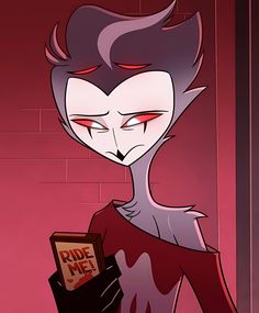 an animated character with red eyes holding a book