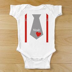 Dress your little guy in this adorable outfit to help celebrate Valentine's Day. Personalized with any name, your little boy will be the cutest on such a sweet day. Customizable Fitted Onesie For First Birthday, Playful Fitted Onesie For Birthday, Personalized Fitted Onesie For Birthday, Personalized Cute Onesie For First Birthday, Customizable Fitted Playful Onesie, Cute White Onesie For Father's Day, Personalized Fitted Cute Onesie, Customizable Cute Onesie For Birthday, Cute Customizable Onesie For Birthday