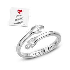 PRICES MAY VARY. 【HUG】- A hug is a symbol of comfort, encouragement, love, and protection. Engraved “I love you forever”on arms to endow a unique meaning to this hug ring.It means wherever you are I will be always with you like this hug ring hugging you forever. 【DESIGN】- Special design with touching words make it a perfect gift for your family member, girlfriend Perfect for yourself, your best friend.This will let them know you will be always with you sharing your sadness and joy and give you a Cute Couple Rings Teen, Cheap Couples' Jewelry For Gifts, Hug Hands Ring, Friendship Band Ring, Mother Daughter Rings Clay, Friendship Hug, Hug Rings, Daughter Rings, Hug Ring