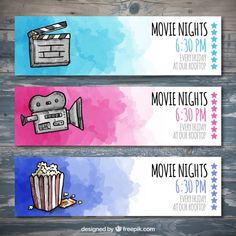 three watercolor movie nights banners on wooden background