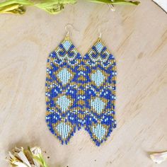 Taj Mahal beaded fringe Earrings blue gold native american jewelry Mother Sierra Beaded Dog Collar, Earrings Patterns, Beaded Fringe Earrings, Textile Bag, Ocean Colors, Handmade Textiles, Leather Art, Beaded Purses, Hair Beads