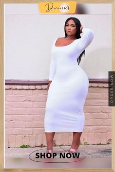 Long Sleeve U Collar Solid Plus Size Maxi Dress Knee-length Bodycon Maxi Dress For Brunch, White Midi Length Long Sleeve Dress For Brunch, Chic White Long Sleeve Midi Dress, White Midi Bodycon Dress For Fall, Casual White Fitted Long Sleeve Dress, Long Sleeve Bodycon Midi Dress For Day Out, Bodycon Long Sleeve Midi Dress For Day Out, Plus Size Maxi Dress, Calf Sleeve