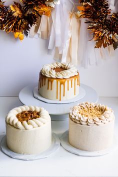 three cakes sitting on top of white plates with gold decorations hanging from the wall behind them