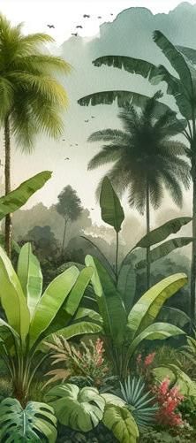 an artistic painting of tropical plants and trees