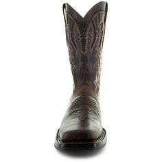 Enjoy that country feel in these classically rugged, casual western boots for men. As an everyday boot, it sports brown distressed leather underneath traditional Western stitching on the front. Inlays on the shaft add and a narrow square toe adds that final country touch, while genuine leather throughout, a cushioned insole and leather lining ensure you're comfortable wearing these country boots all day. And don't worry about wearing them out; Goodyear welt construction means they're built to la Rugged Work Boots For Western-themed Events, Western Style Brown Chelsea Boots With Goodyear Welt, Western Style Brown Goodyear Welted Chelsea Boots, Western Brown Goodyear Welted Chelsea Boots, Brown Goodyear Welted Western Chelsea Boots, Rustic Moc Toe Moto Boots For Ranch, Rustic Moto Boots With Moc Toe For Ranch, Classic Distressed Brown Boots For Ranch, Rugged Boots With Reinforced Toe For Rodeo