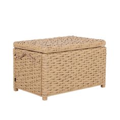 a wicker box with lid and handles on the bottom, sitting in front of a white background