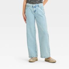 Elevate your child's everyday wardrobe with these Mid-Rise Wide-Leg Jeans from Cat & Jack™. Made from midweight cotton, these mid-rise jeans are designed with a wide-leg silhouette. The adjustable waistband with a front snap and zip fly along with belt loops offers a secure fit, and the classic five-pocket style completes the look with functional flair. Cat & Jack™: Designed for all children so you can trust it's made for yours. Sparkle Leggings, Best Friends Whenever, School Clothes, Vintage Fits, Flare Leggings, Adjustable Waistband, Girls Leggings, Cute Everyday Outfits, Kids Outfits Girls