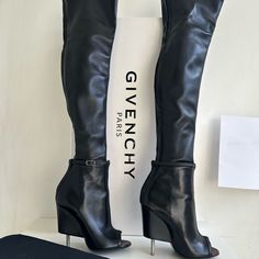 Black Lambskin Thigh High Boots From Givenchy Featuring An Open Toe, An Exposed Seam Detail, A Mid High Structured Stiletto Screw Heel And A Back Zip Fastening. Made In Italy Size: 36 Condition: Brand-New! Come With Box! These Boots Are From Givenchy Spring/Summer 2015 Collection And Retailed For $3625 Plus Tax. Luxury Black Knee-high Boots, Designer Leather Knee-high Boots For Night Out, Designer High Heel Knee-high Boots For Evening, Luxury Fitted Knee-high Boots For Evening, Luxury Leather Knee-high Boots For Evening, Designer Knee-high Heeled Boots For Night Out, Luxury Black Knee-high Boots For Evening, Designer Black Knee-high Boots For Party, Designer Thigh High Boots For Evening