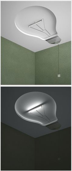 two images of the same light fixture in an empty room, one is white and the other is green