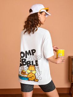 Women Casual Cartoon And Letter Printed Graphic Oversized  White Summer T-Shirt With Drop Shoulder CHOMP SLURP GOBBLE NARFGULP White Casual  Short Sleeve Knitted Fabric Animal,Cartoon,Letter,Slogan  High Stretch  Women Clothing, size features are:Bust: ,Length: ,Sleeve Length: 90s Shirts Graphic Tees, Shein Women, Trendy Shirt Designs, Cartoon Shirts, 90s Shirts, Animal Cartoon, Tshirt Outfits, Women T Shirts, White Summer