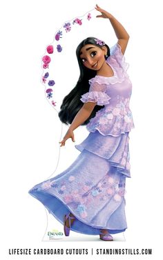 the disney princess is dancing with her hair in a flowered dress and headband