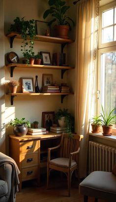 a room with a desk, chair and shelves full of plants in it's corner