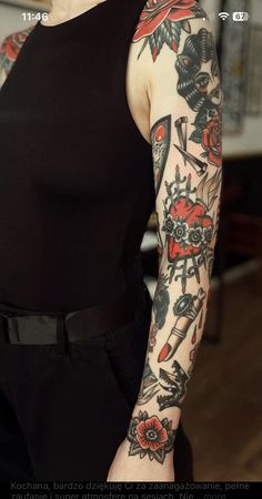 Traditional Tattoo Mixed With Modern, Black White And Red Tattoo Sleeve, Rose Cuff Tattoo, Female American Traditional Sleeve, American Traditional Flame Tattoo, Tattoo Sleeve Women Traditional, Black Tattoo With Red Accents, Black And Red Neo Traditional Tattoo, Arm Tattoos For Women Traditional