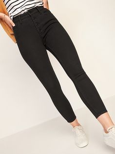 Extra High-Waisted Button-Fly Rockstar 360° Stretch Super Skinny Black Cut-Off Ankle Jeans for Women | Old Navy High Wasted Jeans, Black Jack, Cut Off Jeans, Button Fly Jeans, Old Navy Women, Ankle Jeans, Black Skinnies, Jean Outfits, Denim Wash