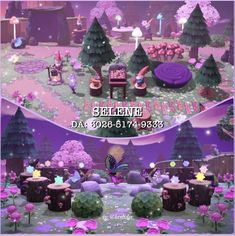 an animated scene with flowers and trees in the foreground, and a purple background