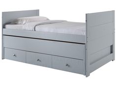 a white bed with drawers underneath it