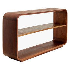 a wooden shelf with two shelves on each side