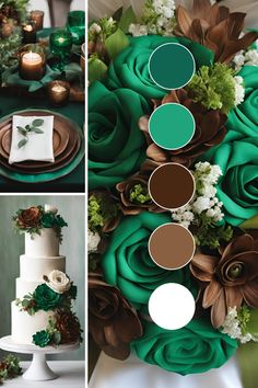 a collage of photos with green and brown flowers on top of a cake, surrounded by greenery