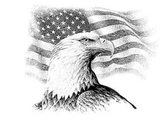 an eagle with the american flag on it's back and head in black ink