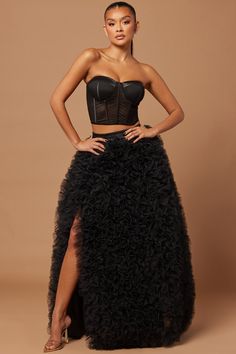 Available In Black. Mesh Corset w/ Boning Strapless Padded Bra Cups Back Zipper Mesh Lined Maxi Ruffle Skirt Elastic Waistband Tulle Layered Lined Stretch Top: Shell: 100% Polyester Lining1: 100% Polyester Lining2: 100% Polyester Skirt: Shell1: 85% Polyester 15% Spandex Shell2: 95% Polyester 5% Spandex Lining: 100% Polyester Imported | Lilian Corset Skirt Set in Black size Medium by Fashion Nova Maxi Ruffle Skirt, Black Mesh Corset, Black Mesh Skirt, Corset Costumes, Corset Skirt, Black Corset Top, Polyester Skirt, Mesh Corset, Mesh Skirt