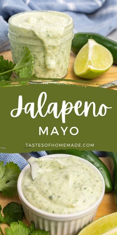 jalapeno mayo in a small white bowl surrounded by limes and cilantro