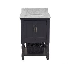 a bathroom vanity with a marble top and black legs, on a white background the sink has a basket underneath it