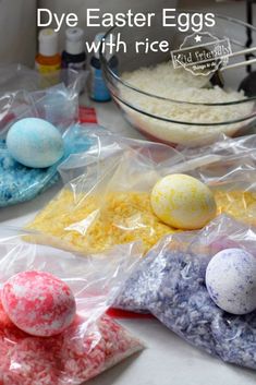 plastic bags filled with eggs sitting on top of a counter