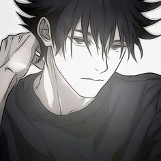 an anime character with black hair wearing a black shirt and holding his hand up to his ear