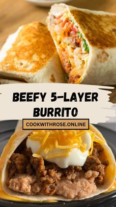 beefy 5 - layer burrito on a plate with the text overlay reads beefy 5 - layer burrito