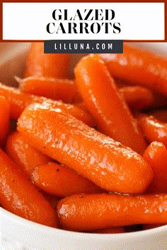 glazed carrots in a white bowl with text overlay