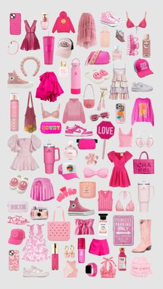 a collage of pink and white items on a gray background