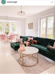 a living room filled with furniture and a dog laying on top of the couches