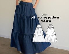 PDF Digital Sewing Pattern for the Briar Ruffle Tiered Maxi Skirt  This perfectly easy yet perfectly romantic tiered ruffle skirt has all the pretty little design details needed for the perfect base to your outfit.  The sewing video tutorial is available on the Dressmaking Amóre YouTube channel.  What's Included:  5 sizes in NESTED format: XS-XL (see size chart in listing photos) A4/Letter file format A0 Copyshop file format Photo + written instructions in booklet (only in English)  Complexity l Long Skirts Patterns, Sew Womens Clothes, Simple Sew Patterns, Dress Patterns Beginner, Begginer Sewing Patterns, Long Skirt Sewing Pattern Free, Linen Skirt Sewing Pattern, Hippie Sewing Patterns, Sewing Ideas For Beginners Clothes