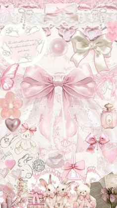 pink and white wallpaper with teddy bears, hearts, bows and other things on it