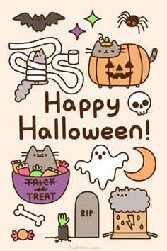 a happy halloween card with cats, bats and pumpkins