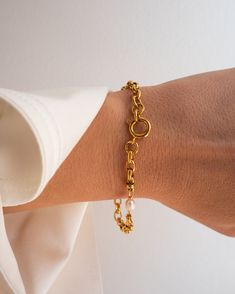 Gold Chain Pearl Bracelet with Toggle Clasp Length: approx. 7 inches 18K Gold plated Stainless Steel Water Resistant Yellow Gold-plated Bracelet With Toggle Clasp, Yellow Gold Plated Bracelet With Toggle Clasp, Gold Metal Bracelet With Toggle Clasp, Timeless Gold Link Bracelet With Lobster Clasp, Timeless Gold-tone Link Bracelet, Yellow Gold Plated Chain Bracelet With Spring Ring Clasp, Modern Gold Plated Bracelets With Lobster Clasp, Timeless Link Gold Bracelet, Gold Chain Bracelet For Everyday