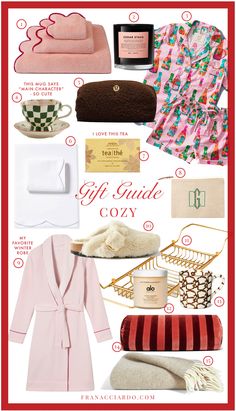 gift guide for the girl in your life with pink and red items, including bathrobes