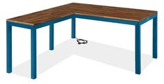 a computer desk with a wooden top and blue legs