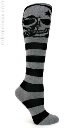 Sock it to Me Grey Skull Knee High Socks with Black Stripes from Artisan Socks www.artisansocks.com Womens Knee High Socks, Stripe Socks, Grey Socks, Tights Socks, Skull Clothing, Mens Crew Socks, Stocking Gifts, Heart Fashion