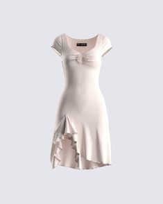 Simple, yet timeless - this beige ruffle dress is made from stretch jersey and complete with an asymmetrical hem, a ruffle hem, and flower trim 🤍 The perfect look for when you want something that will serve effortless beauty 😏 Tita Fits, Effortless Beauty, Friendship Jewelry, Style Savvy, Girly Shoes, Cowgirl Outfits, Mini Sweater Dress, Casual Style Outfits, Asymmetrical Hem