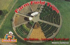 an aerial view of a farm field with the words farm field trips written in red