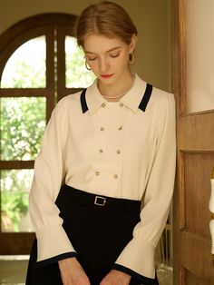 Rebekah Vintage Double Breasted Colorblock Collar Blouse Retro Romance, Simple Retro, French Navy, Suspender Dress, Contrast Collar, Straight Trousers, Collar Blouse, Blouse Vintage, Lantern Sleeves