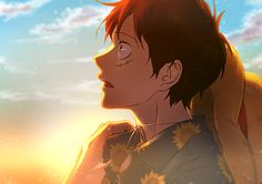 an anime character looking at the sky with clouds in the background